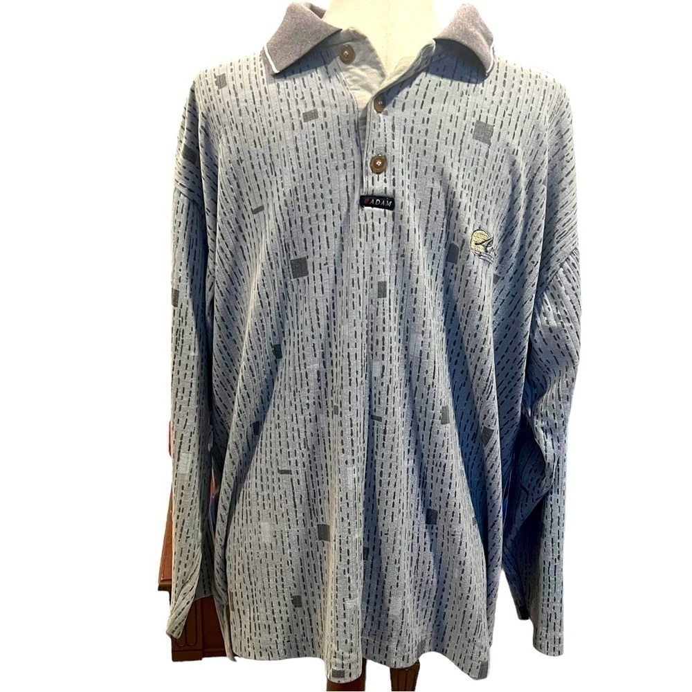Adam Sport Vintage Long Sleeved  Gray Checked Geometric Polo Shirt. Size: Large